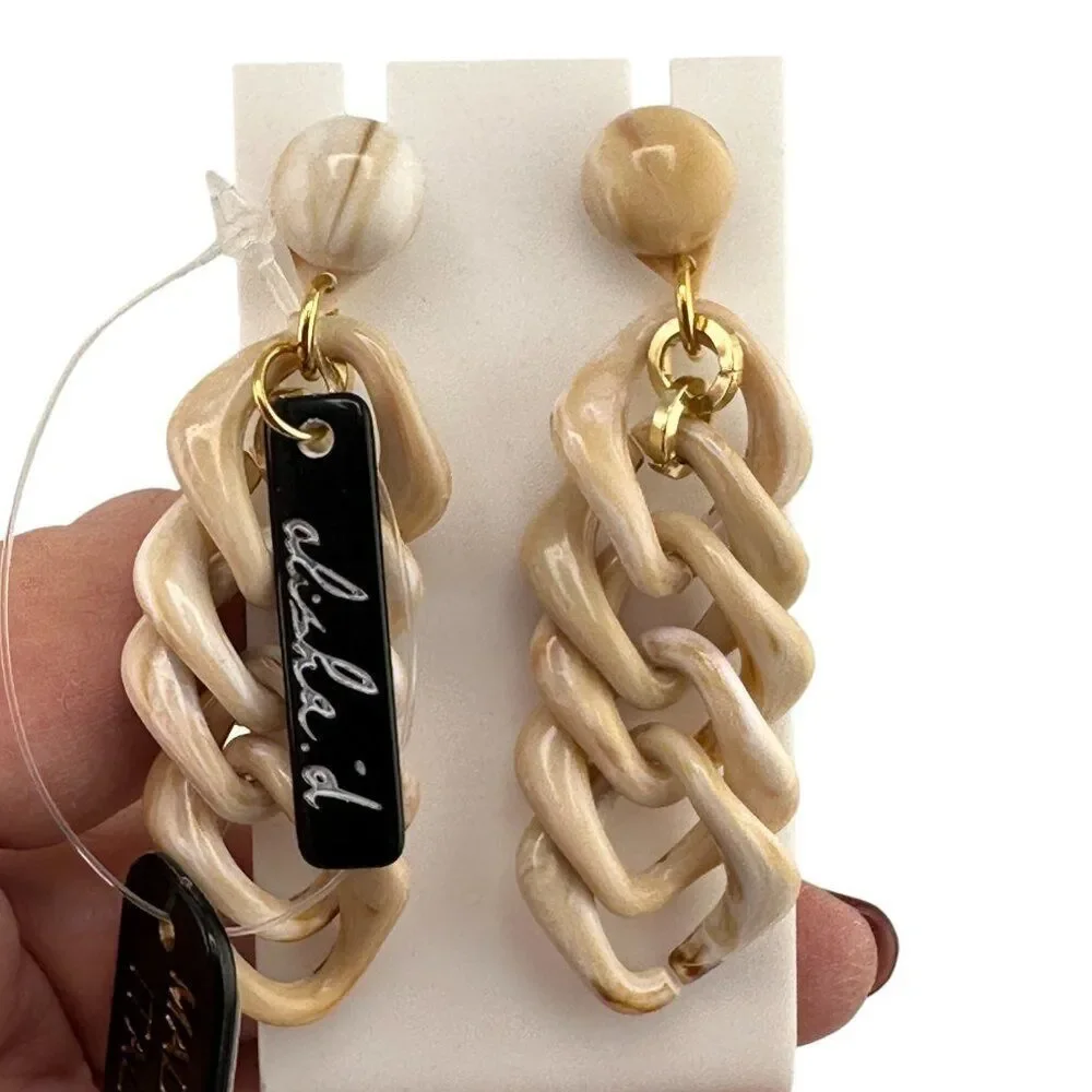 Alisha D Chunky Chain Earrings Made Italy Beige Marble Acrylic Gold Tone